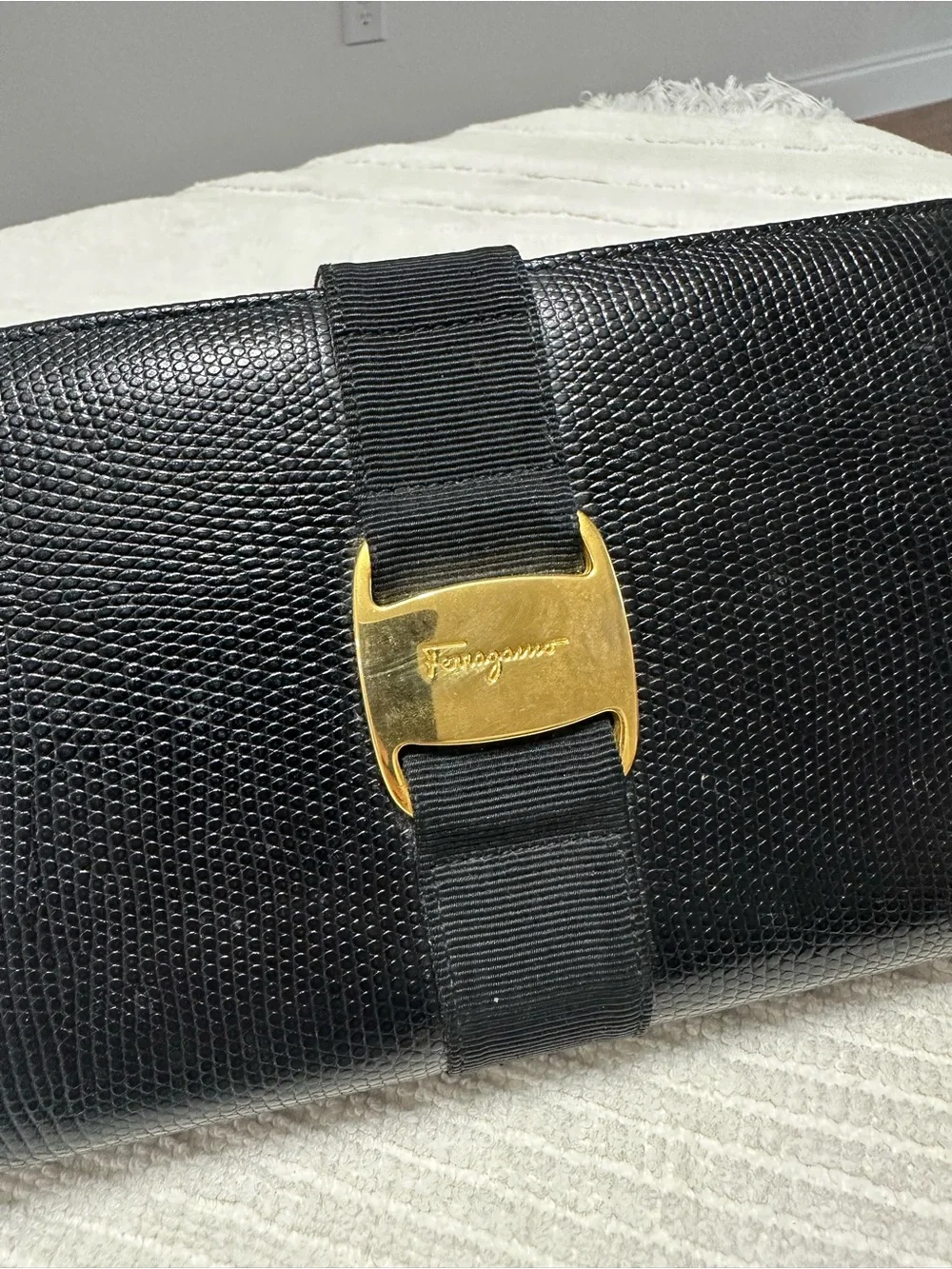 Salvatore Ferragamo Black Leather Card & Key Holder with Gold Buckle